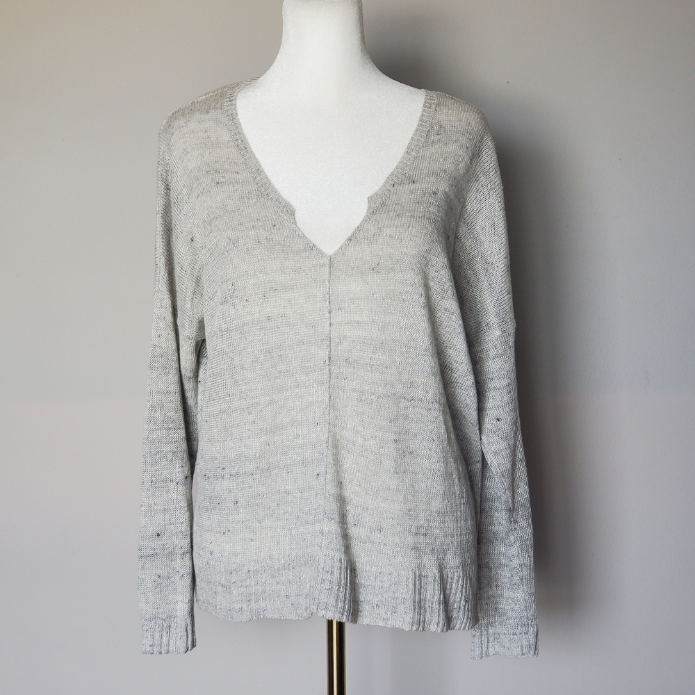 Eileen Fisher V-Neck Linen Loose Knit Sweater Gray Sustainable Capsule Neutral